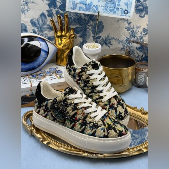 🆕 KURT GEIGER LONDON 🧿 NWOB Laney Eye Gold Rainbow Tweed Sneaker, Sz 37 US 7 - Picture 8 of 14